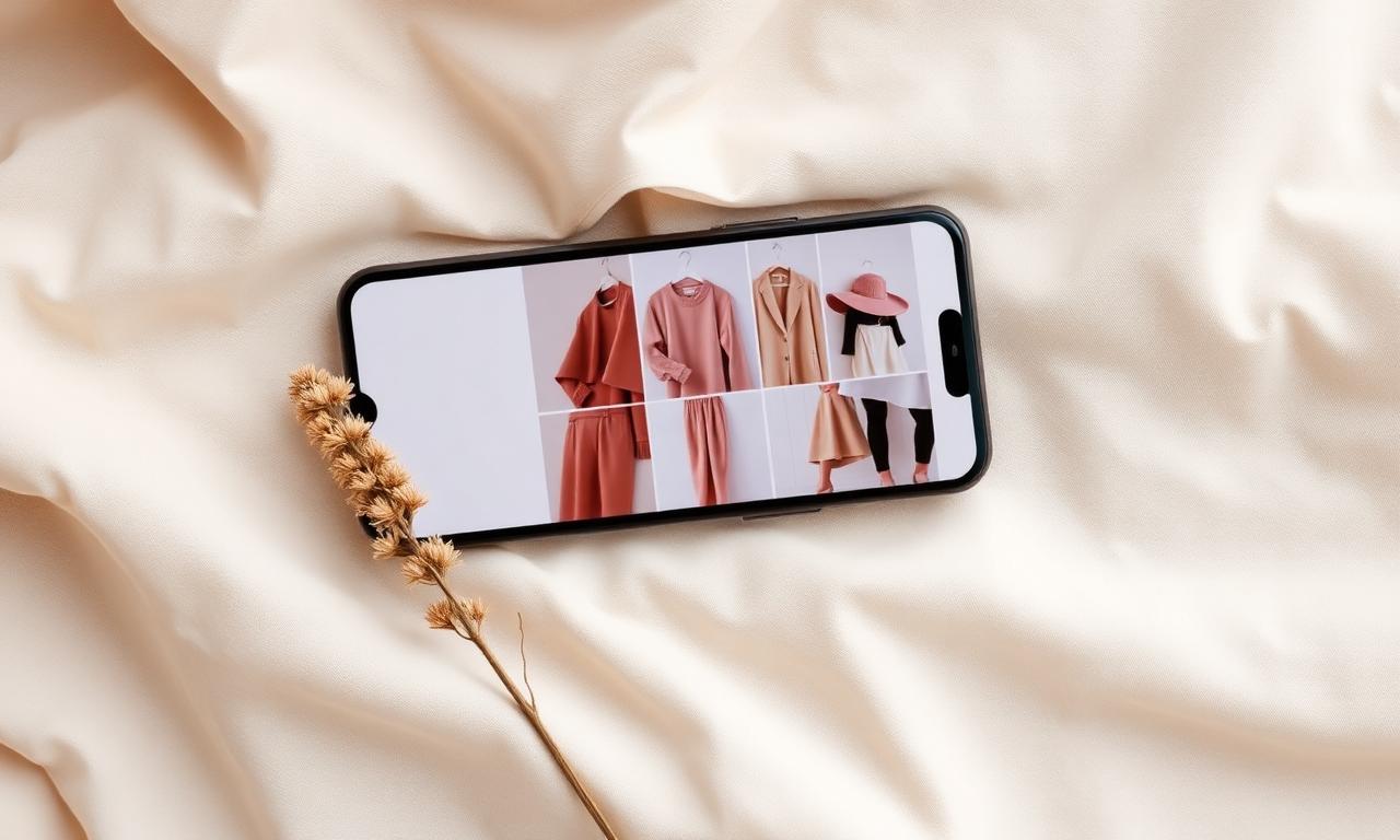 Phone displaying an Instagram post of a customer wearing a brand outfit, on a soft blush background