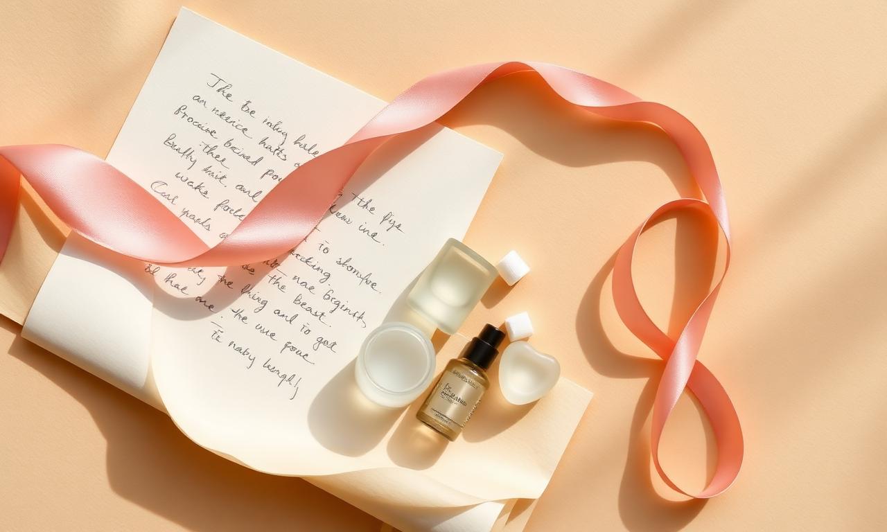 Beauty product samples laid out on cream paper next to handwritten customer feedback notes
