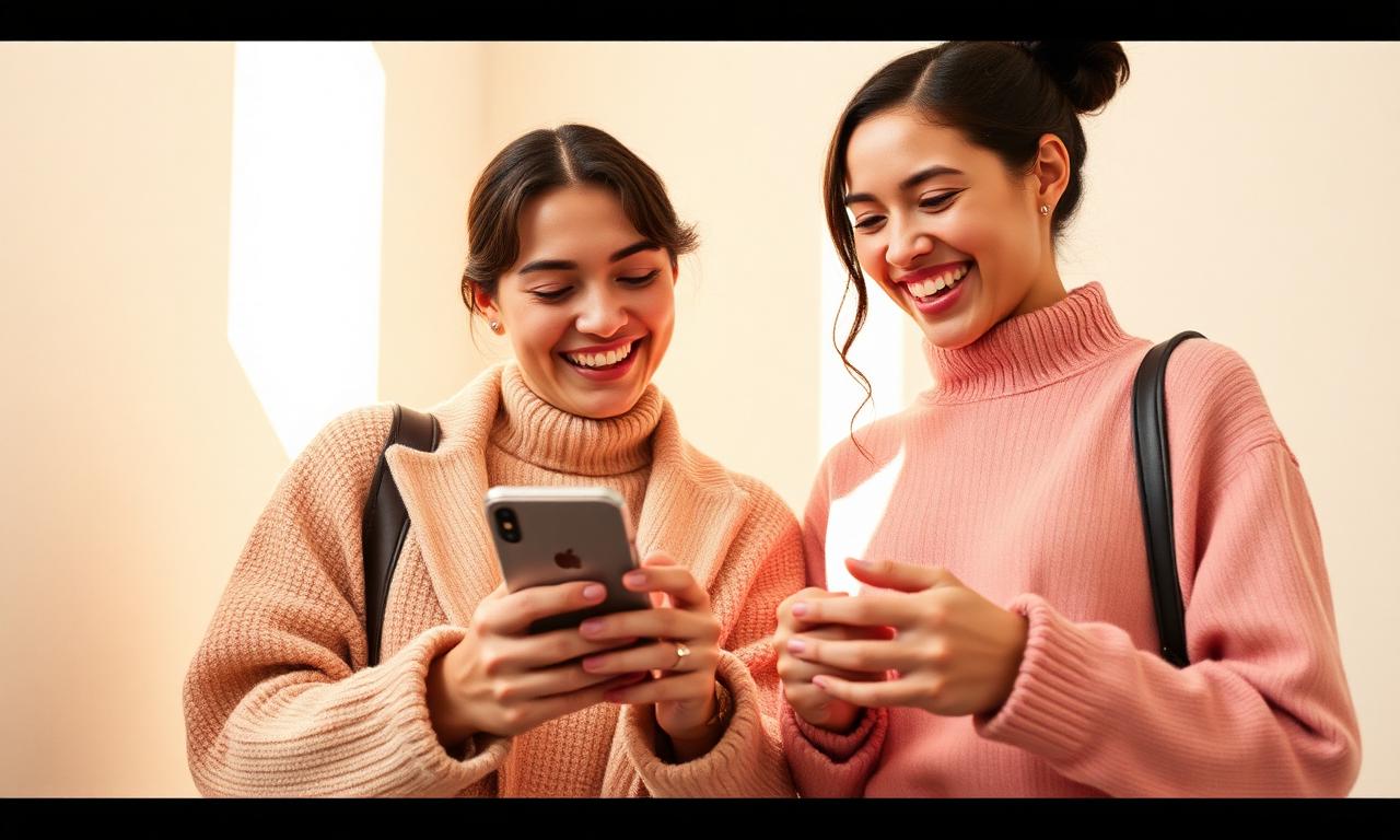 Two friends laughing while looking at a phone, warm editorial tones, on a cream background