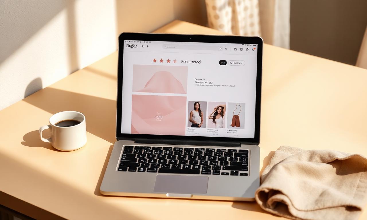 Open laptop on a warm cream desk showing a Shopify product page with five-star customer reviews