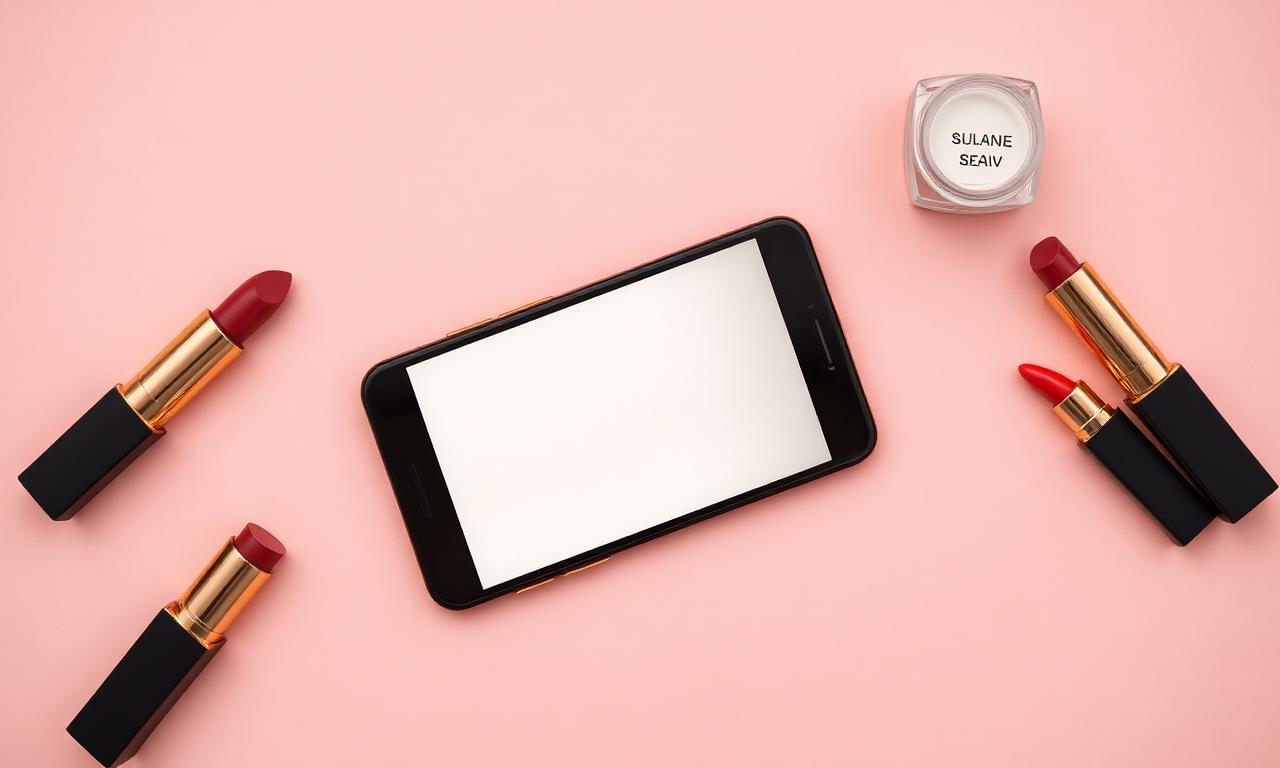 Editorial photo of a phone displaying a TikTok Shop product page next to lipsticks on a blush surface